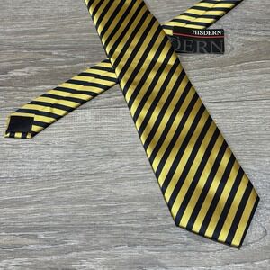 Hisdern Handmade Luxury Neck Tie Black Yellow Striped 58"L 3.25"W